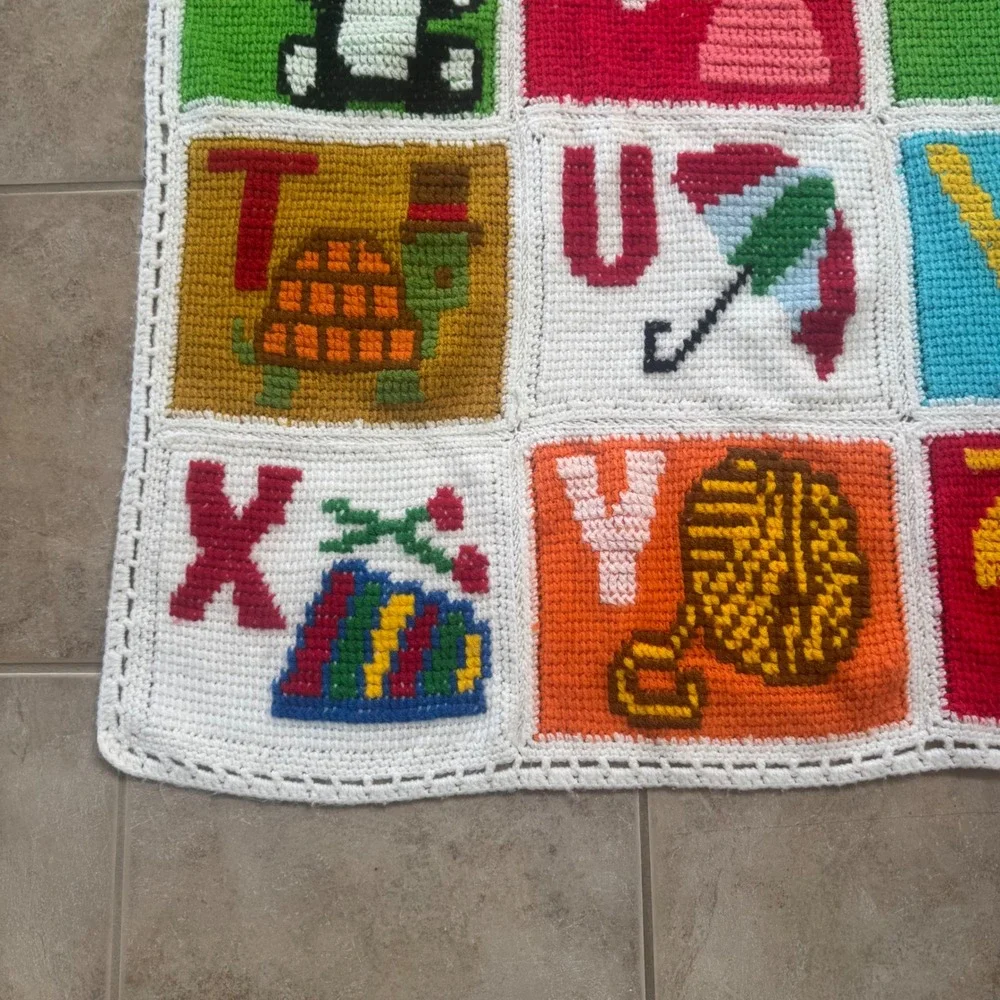 Vintage Handmade Crochet Alphabet ABC Animals Nursery Throw Blanket 41x60